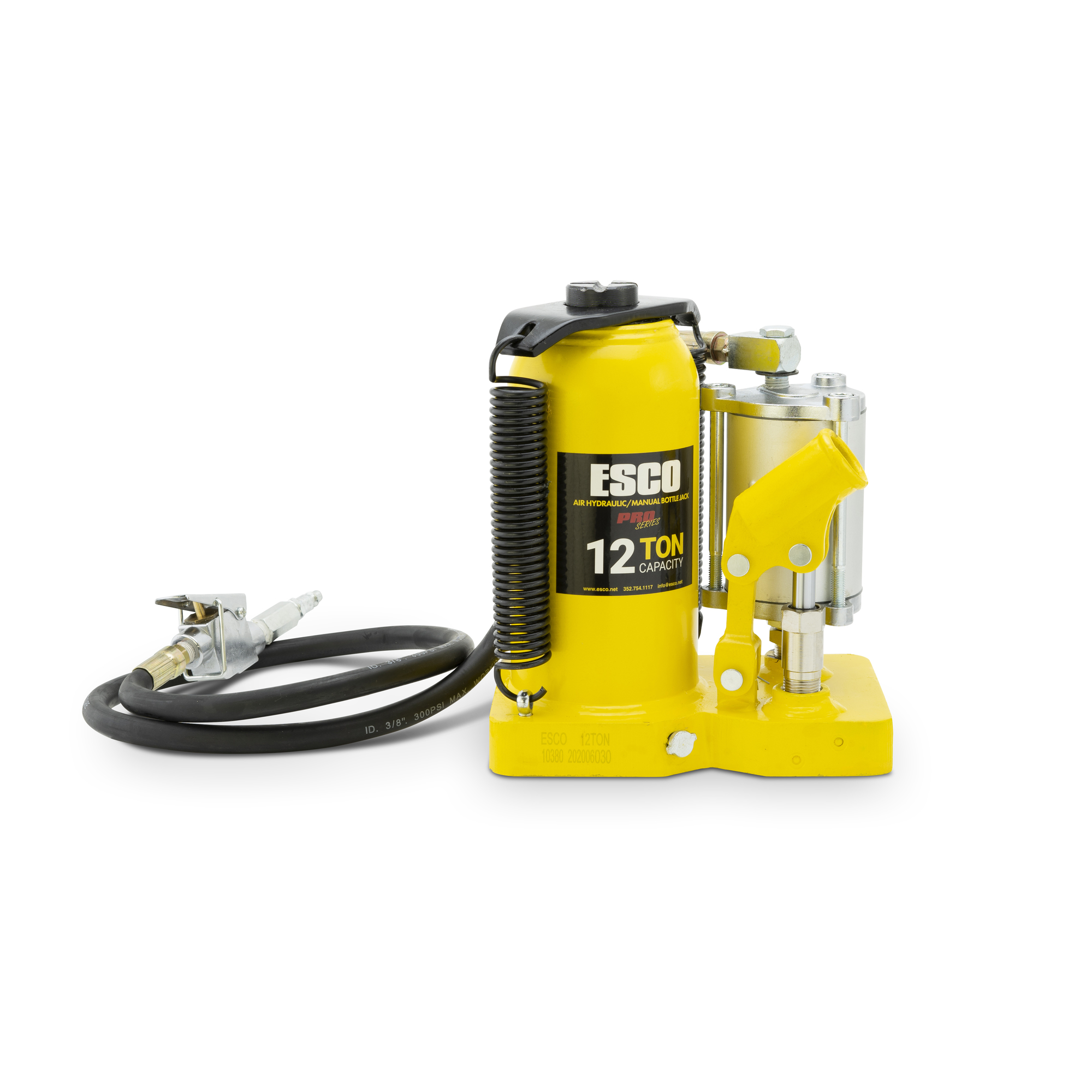 ESCO, 12 Ton Pro Series Air/Hydr Bottle Jack, Lift Capacity 20 Tons, Max. Lift Height 18.5 in, Min. Lift Height 9.75 in, Model# 10380